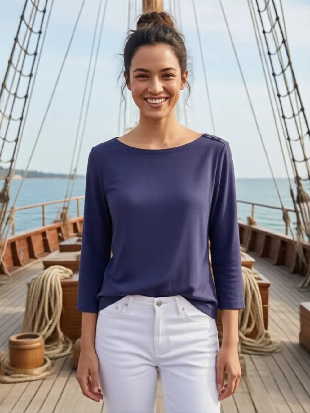 NWT Charter Club Pima Cotton Navy Boatneck Button Shoulder Top Size Small